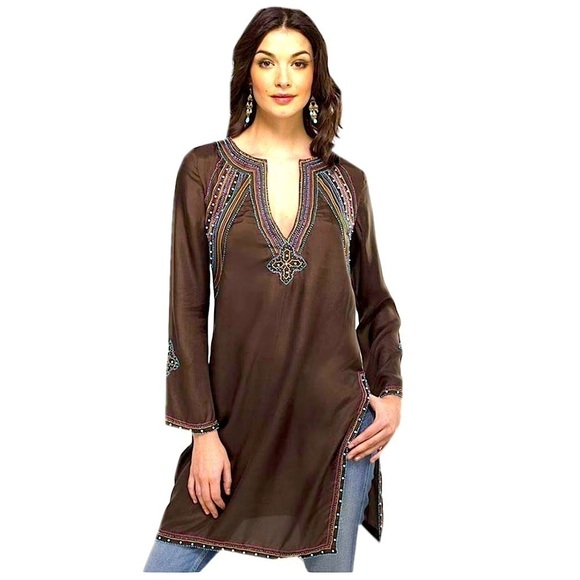 BCBG MAXAZRIA SILK” Tunic Embellished with Stones & Beads Brown Boho Chic Goth - Picture 1 of 14